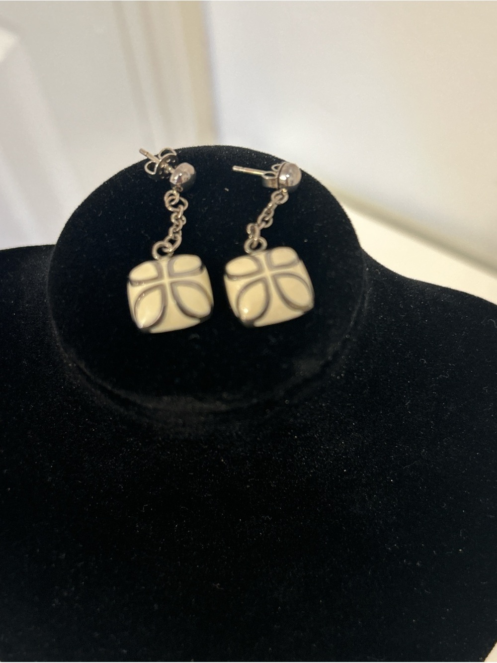 Cream Enamel Square Drop Earrings with Silver-tone Chain